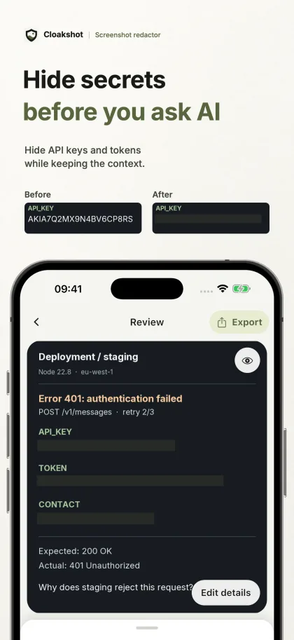 API keys and tokens replaced by solid masks while the surrounding screenshot stays readable.