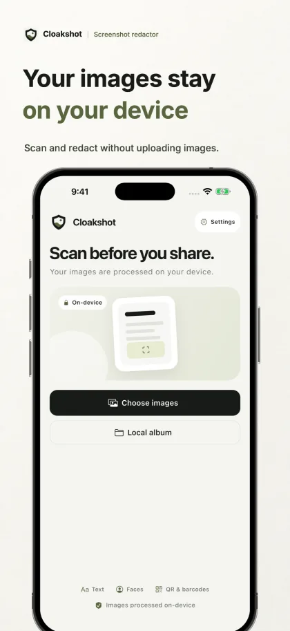 The Cloakshot home screen states that images are processed on the device.